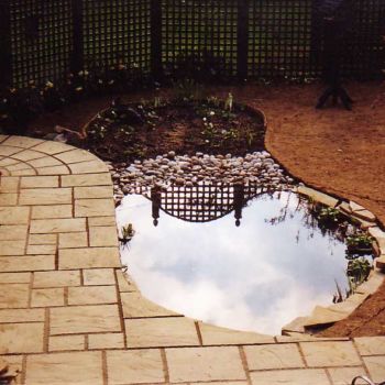 The pond has been filled slowly and the liner carefully pleated as it filled. The stone walling at the back of the shelf is nearly complete, this hides the liner behind and provides masses of little crevices for wildlife to use. There is still plenty of space on the wide shelf to stand planting baskets.